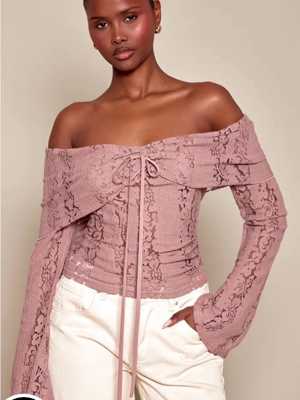 PrettyLittleThing Mauve Lace Off-Shoulder Long Sleeve Top
